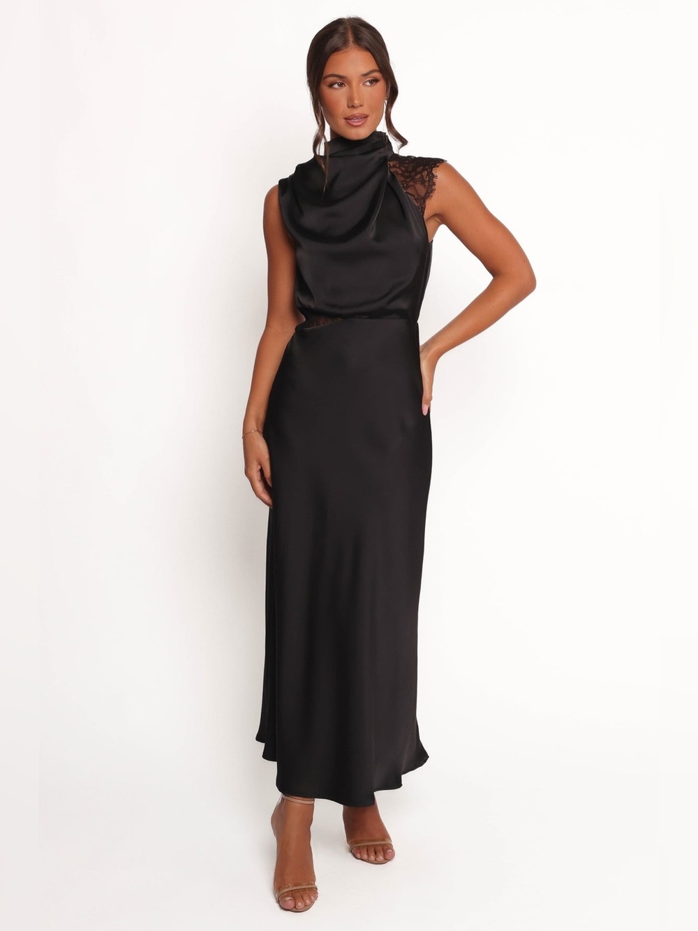 NEW Petal & Pup Anabelle Black Satin Lace Halter Maxi Dress Formal Black Tie - Picture 4 of 11